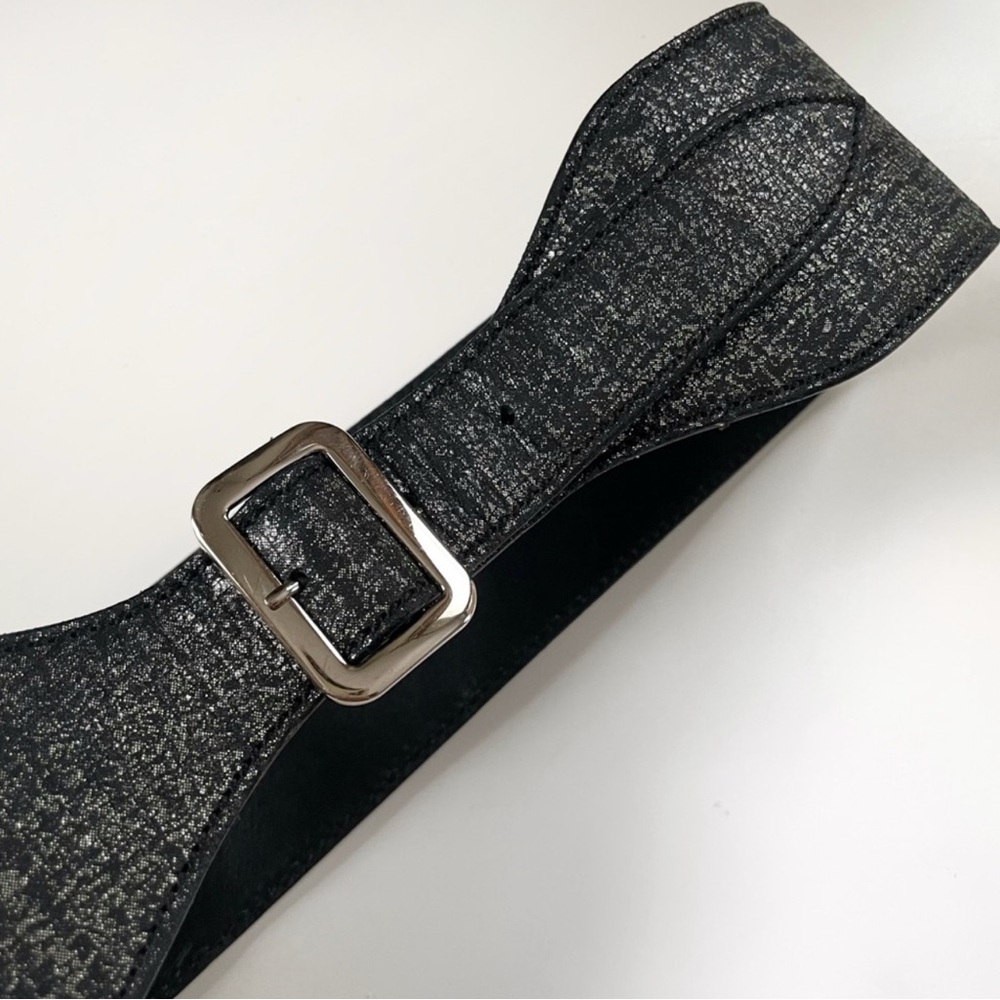 YSL Yves Saint Laurent Metallic Wide Belt Silver Buckle